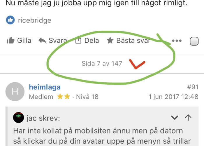 Skärmdump som visar pagineringsgränssnittet "Sida 7 av 147" markerat med en checkmark och en ring.