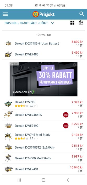 Skärmdump från Prisjakt visar olika Dewalt bordssågmodeller och deras priser.