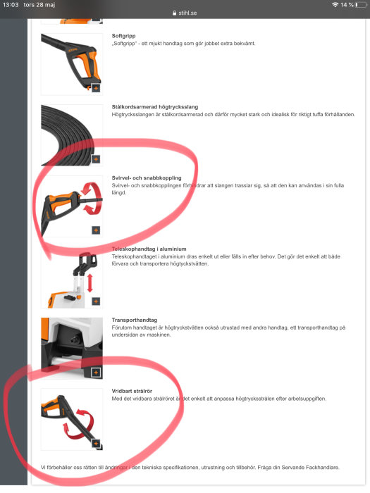 Skärmdump från Stihl.se visar funktioner för högtryckstvätt: svivelfunktion och vridbart stativ.