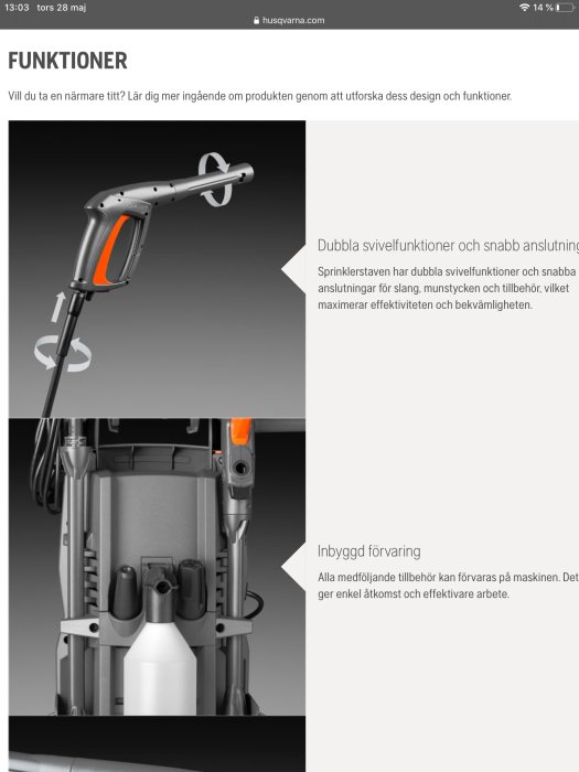 Husqvarna högtryckstvätts detaljbild som visar svivelfunktioner och inbyggd förvaring av tillbehör.