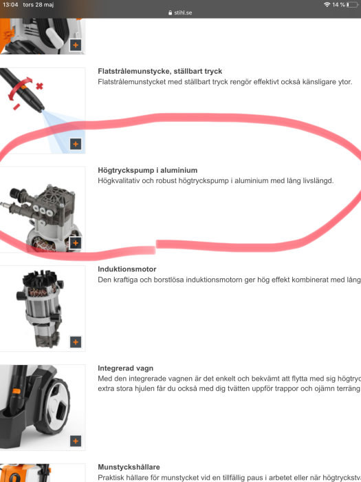 Delar av en högtryckstvätt inklusive munstycke, pump i aluminium och induktionsmotor på en skärmbild från en webbplats.