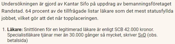 Undersökningstext om läkare som det mest statusfyllda jobbet med löneuppgifter.