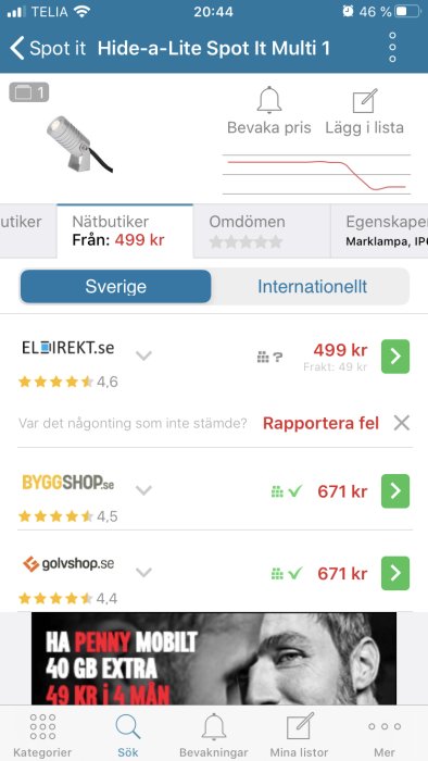 Skärmdump av prisjämförelse för Hide-a-Lite Spot It Multi 1 med lägsta pris 499 kr.