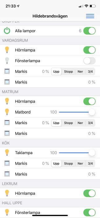 Skärmdump av hemautomationssystem i OpenHAB-app med kontroller för belysning och markiser.