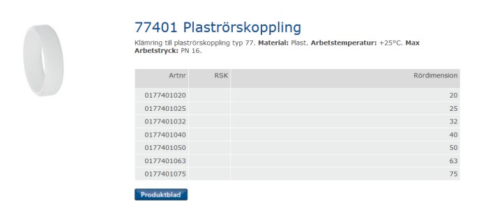 Vit plastklämringskoppling för rör med en tabell av artikelnummer och rördimensioner för olika storlekar.