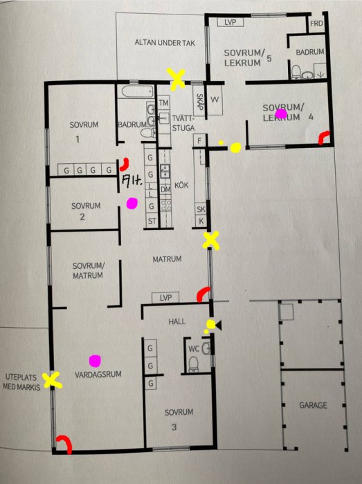 Ritning av en husplan med markerade punkter för säkerhetsfunktioner, inklusive dörrlarm, rökdetektorer och placering för kamera.