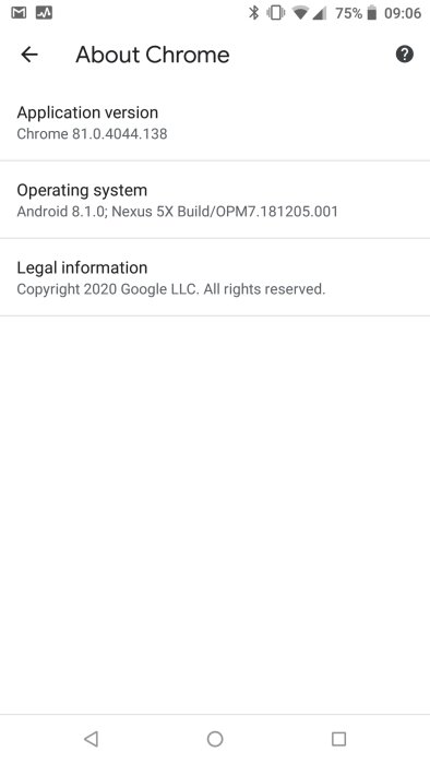 Skärmdump av 'Om Chrome'-menyn som visar appversion och operativsystem på en Android-enhet.