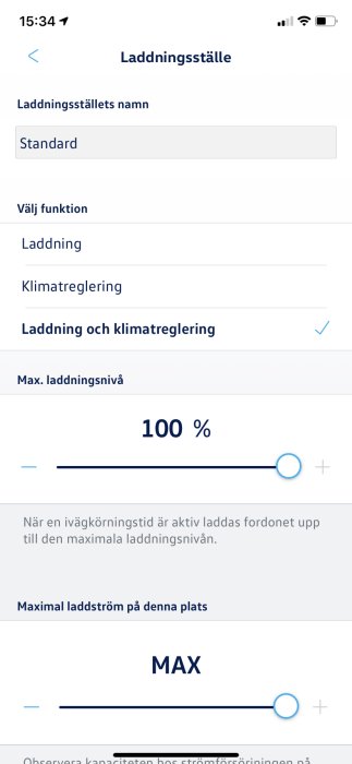 Skärmdump av elbilsladdningsapplikation med inställningar för laddningsställe och laddningsnivå.