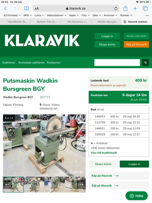 Äldre modell av puts- och klyvmaskin Wadkin Burgreen BGY på auktionswebbplats, i en verkstadsmiljö.