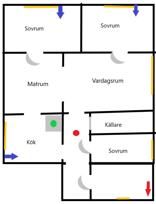 Skiss över husets planlösning med ventilationssystem, visar tilluft, frånluft och köksfläkt positioner.