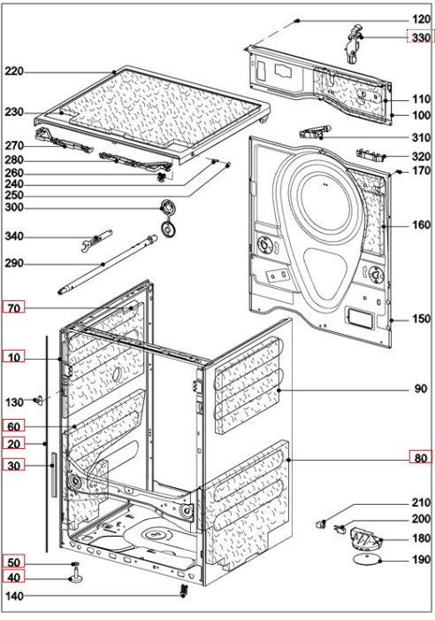 Exploded view diagram of a machine with numbered parts and disassembled components.