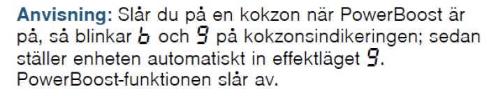 Skärmklipp ur manual som beskriver PowerBoost-funktionen för en spishäll, med symboler för effektlägen.