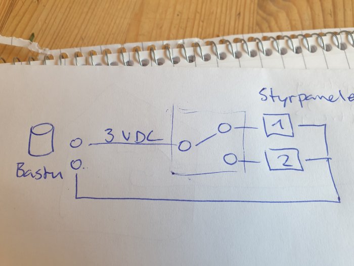 Handritad skiss av elektrisk krets för bastustyrpaneler med märkta strömställen och brytare.