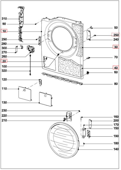 Exploded view diagram of a washing machine with parts labeled and numbered.