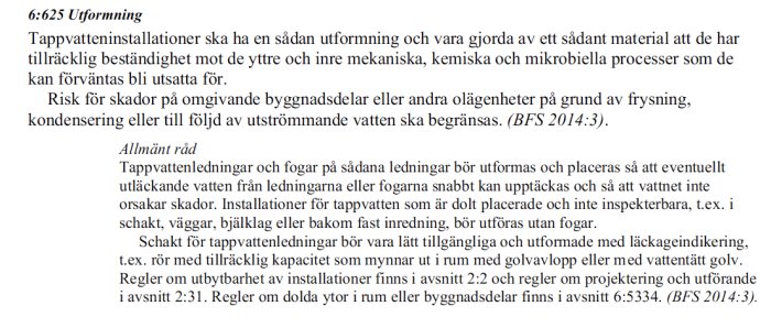 Bild på texturdragning ur Boverkets byggregler om tappvatteninstallationer och utformningsråd för att förhindra vattenskador.