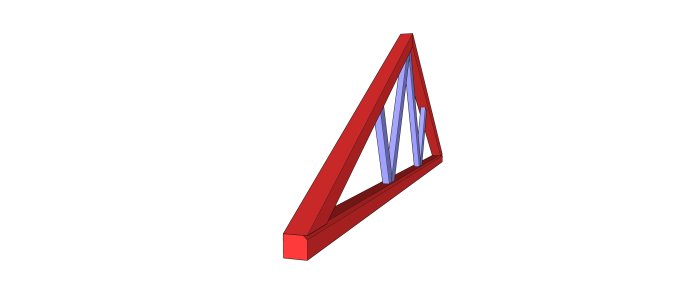 3D-modell av en takstol, existerande delar i rött och planerade förstärkningar i blått.