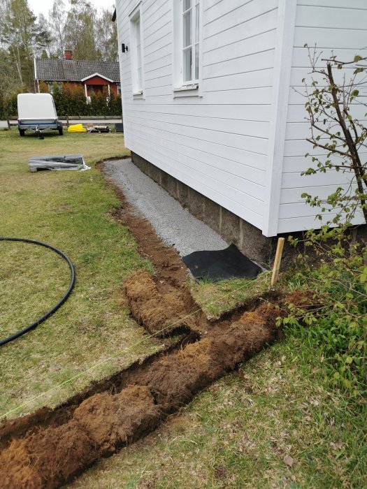 Grävd ränna för installation av sprinklersystem vid hus med synliga rör och kabel.