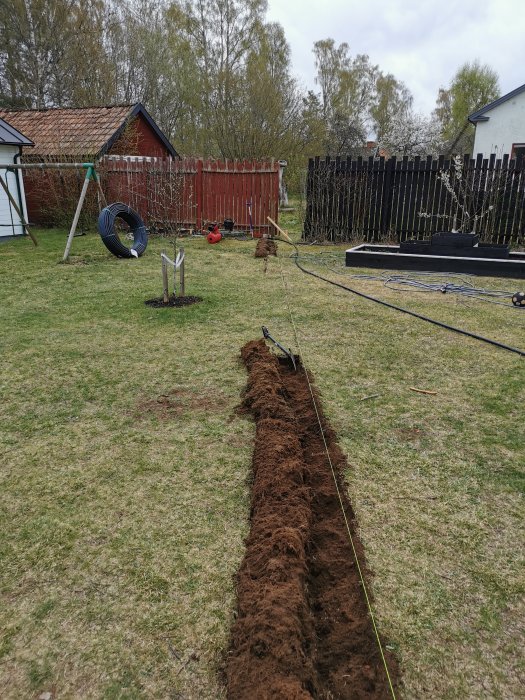 Nygrävd ränna i trädgård för installation av hemmagjord sprinkleranläggning med rör och sladdar.