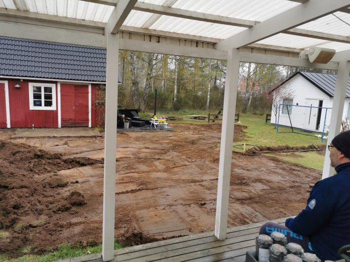 Uppgrävt område för avlopp och el/vatten vid garagebygge med person som ser på.