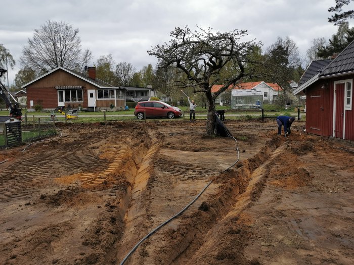 Grävd schakt i trädgård för avlopp och el till garage, med personer som arbetar och hus i bakgrunden.