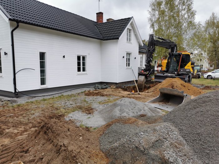 Grävning vid vit husfasad för avlopp och EL/vatten till garage, grävmaskin och grushögar synliga.