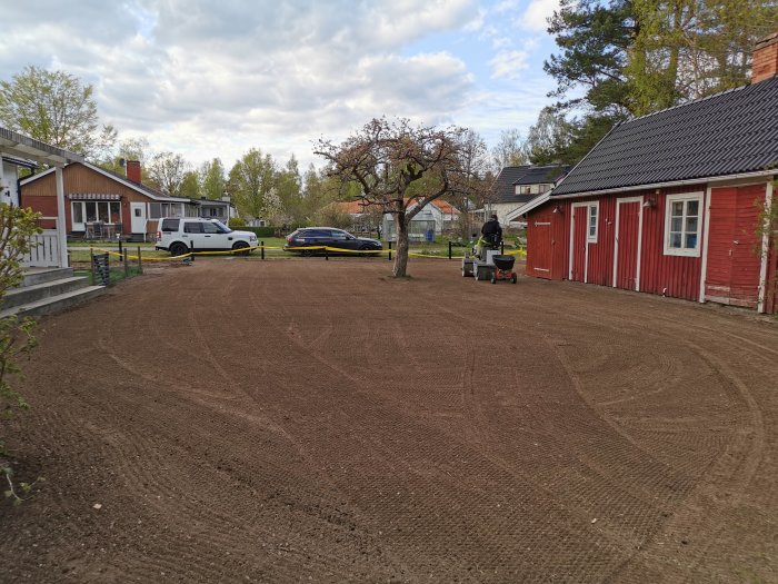 Jämnat markyta framför röd stuga, gräsmattejord förberedd för sådd, person med maskin i bakgrunden.