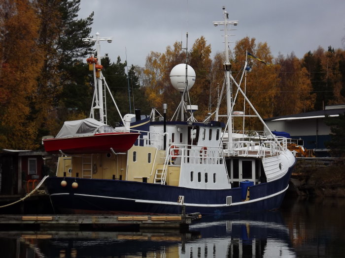 Stort vit och blått fartyg förtöjt vid brygga, med skog i bakgrunden.