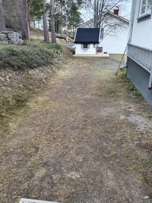 Baksida av hus med sparsamt gräs, mossa och småsten, lekstuga i bakgrunden, omgivet av skog.