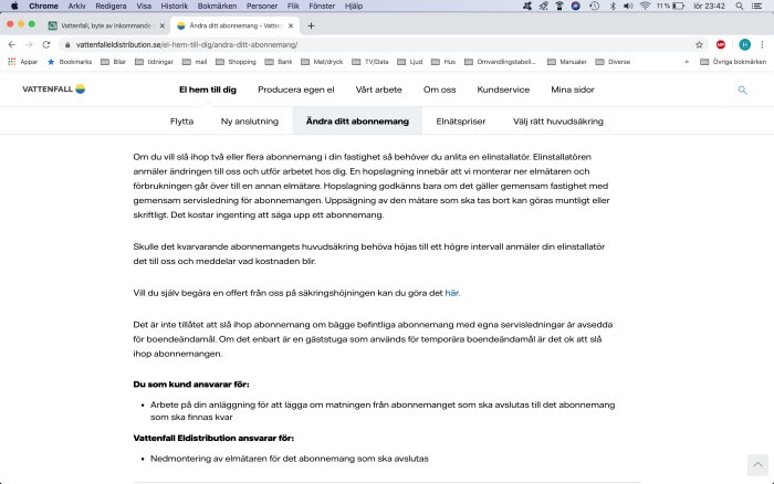 Skärmdump av Vattenfall Eldistribution hemsida med information om att ändra abonnemang.