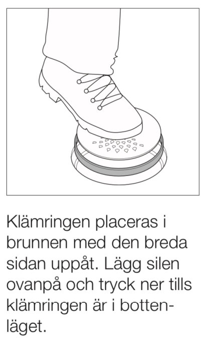 Illustration som visar en fot pressar ner en klämring i en brunn enligt monteringsanvisningar.