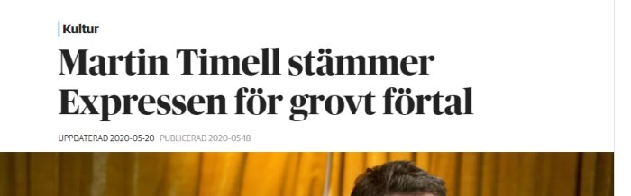 Rubrik på tidningsartikel som lyder "Martin Timell stämmer Expressen för grovt förtal".