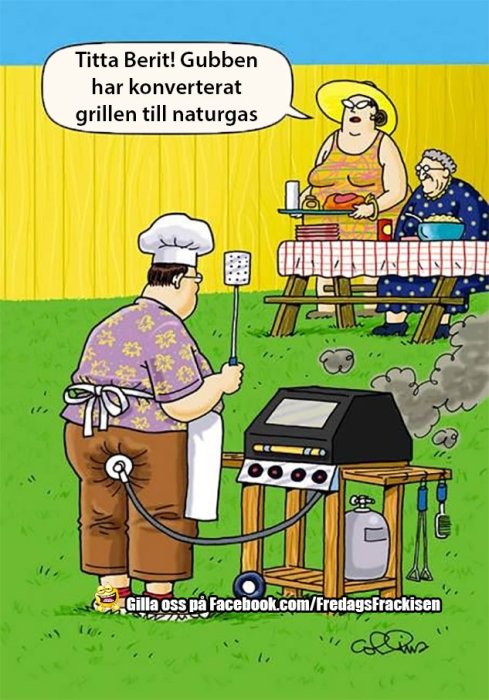 Illustration av tre personer vid en grillfest, man konverterat en gasolgrill, kvinnor vid picknickbord.