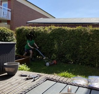 Pojke klipper gräsmattan med grästrimmer i soligt trädgård.