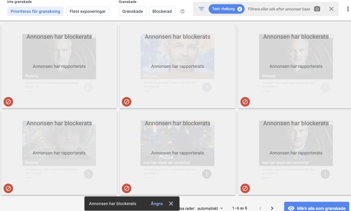 Granskningsskärm med blockerade fejkannonser där namnet Rheborg nämns.