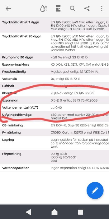 Skärmbild av produktblad för weber exm 702 med tekniska specifikationer om hållfasthet och frostbeständighet.