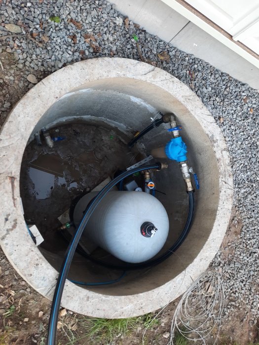 Nyinstallerad sänkpump i djupt betonghål med anslutna rör och hydrofor, omgivet av grus och trädgårdsjord.