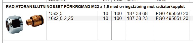 Radiatoranslutningsset, Vatette M22 förkromat, visas bredvid en specifikationstabell.