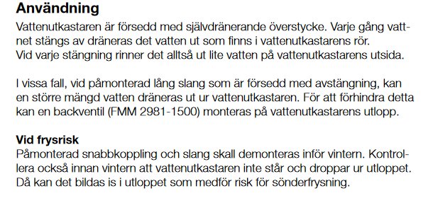 Instruktionstext om att demontera slang och snabbkoppling från vattenutkastare för att förebygga frostskador.