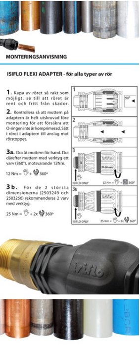 Montageanvisning för ISIFLO Flexi adapter och bild av adaptern kopplad till olika rörtyper.