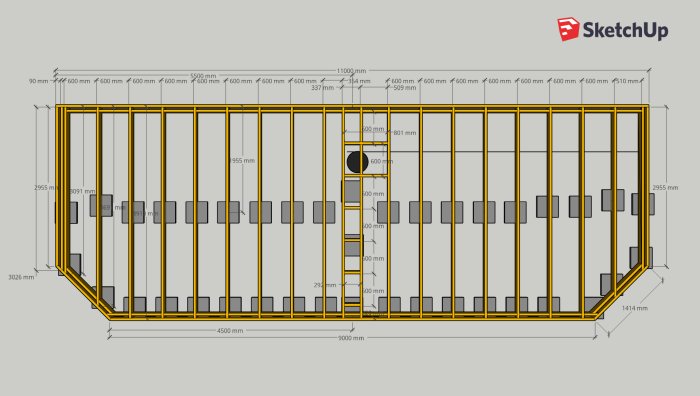 Ritat konstruktionsdiagram för en altan i SketchUp med dimensioner och stödpunkter.