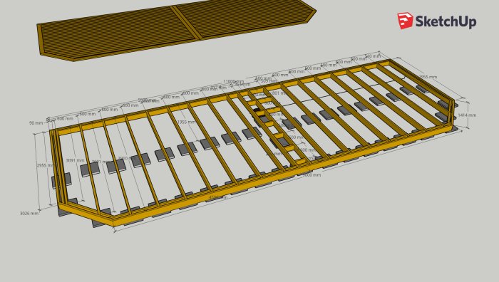 3D-modell av konstruktion för altan med dimensionering och bärpunkter på plattor.