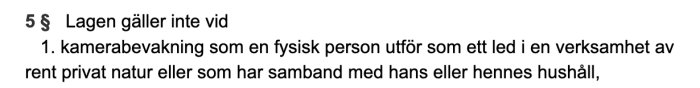 Textutdrag ur lag med punkt om undantag för kamerabevakning i privat hem.