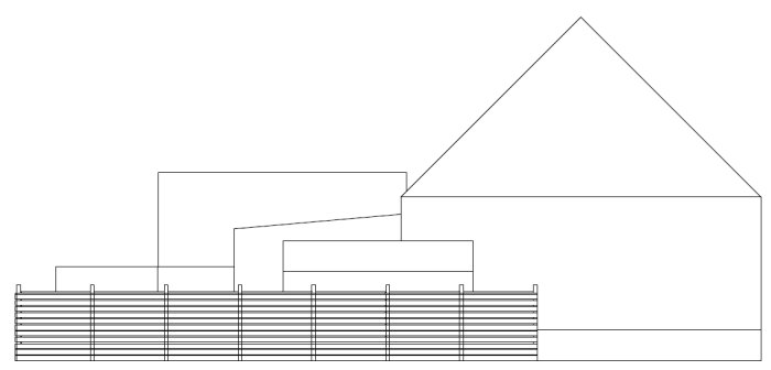 Linjeteckning av ett plank och byggnader, avsett för planering av byggprojekt.