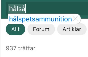 Sökruta med texten "hålspetsammunition" och resultatet 937 träffar på en webbplats.