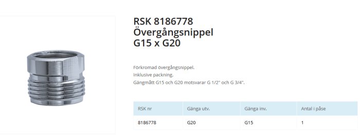 Förkromad övergångsnippel G15 till G20 med planad yta för skiftnyckel.