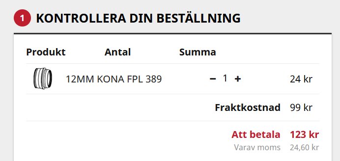 Skärmdump av beställningsöversikt för en 12mm kona från FPL med totalkostnad 123 kr.