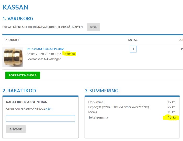 Skärmdump av en varukorg från VVS-obygg med en IMI 12 mm kona och totalpriset på 48 kr.