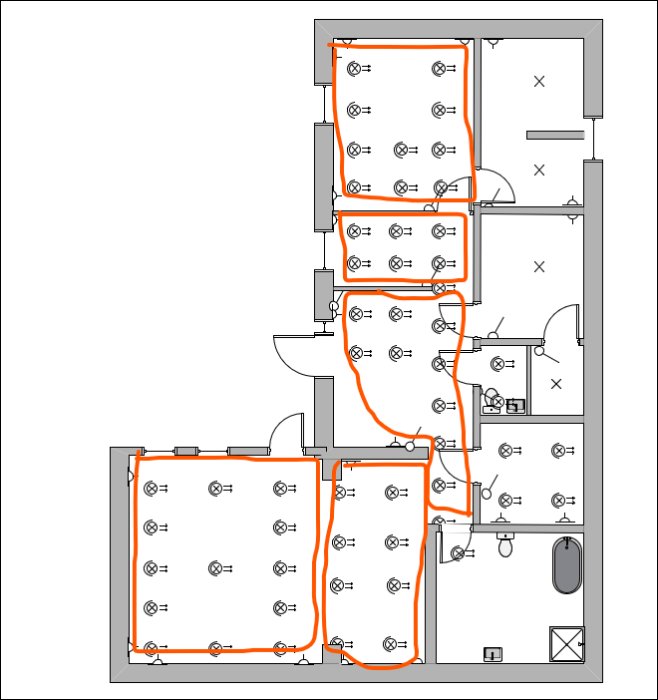 Ritning över en källarplanlösning med markerade platser för inbyggnads-LED downlights och dragning av elledningar.