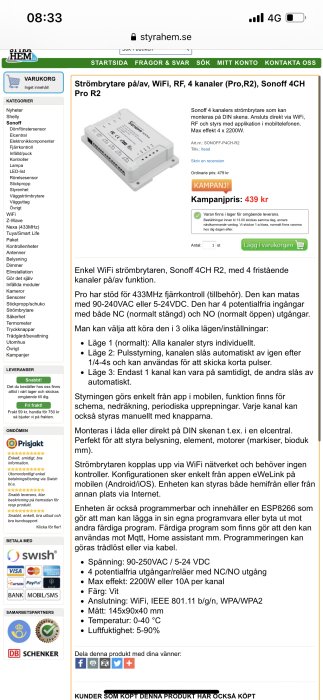 Skärmdump av en webbprodukt, Sonoff 4CH Pro R2 WiFi strömbrytare, från styrhem.se med specifikationer och pris.