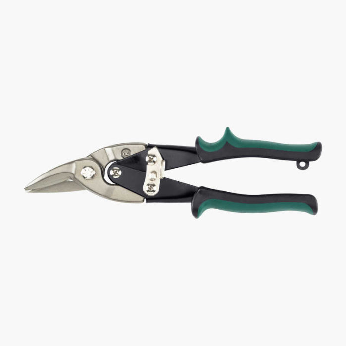 Vänsterhänta plåtsaxar med gröna handtag som möjliggör längre klipp i metallplåt utan deformation.